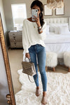 White Long Sleeve Cutout Shoulder Relaxed Sweater-Tops-MomFashion