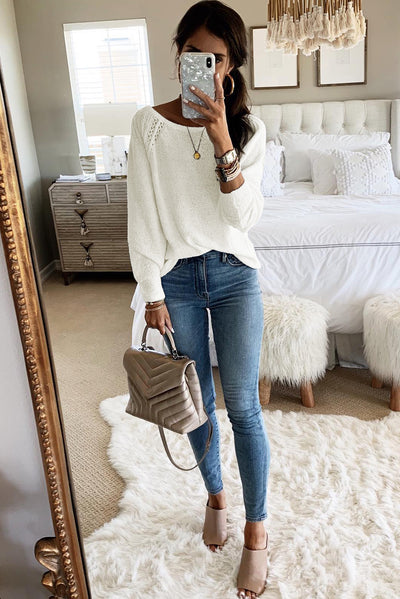 White Long Sleeve Cutout Shoulder Relaxed Sweater-Tops-MomFashion