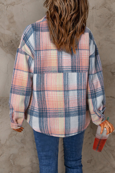 Pink Black/Pink Plaid Flap Pockets Shacket-Outerwear-MomFashion