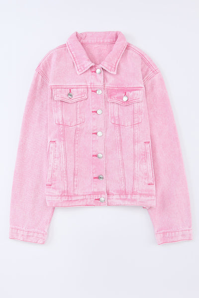 Pink Acid Wash Button Flap Pocket Denim Jacket-Outerwear-MomFashion