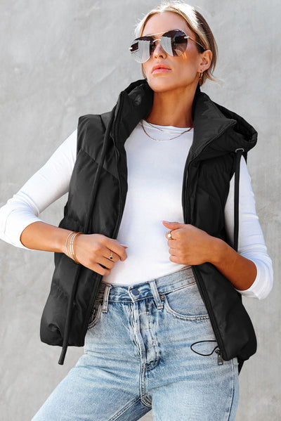 Black Sleek Quilted Puffer Hooded Vest Coat-Outerwear-MomFashion