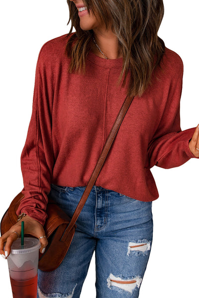 Red Solid Color Patchwork Long Sleeve Top-Tops-MomFashion