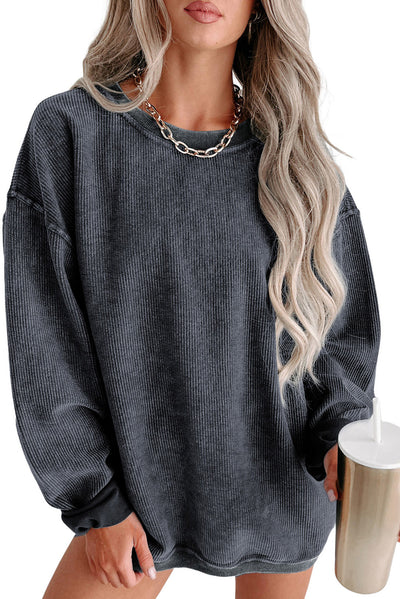 Gray Solid Ribbed Knit Round Neck Pullover Sweatshirt-Tops-MomFashion