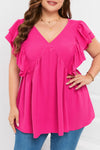 Plus Size Ruffle V Neck Tie Back Tunic Top-Plus Size-MomFashion