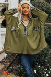 Green Flowy Plaid Accent Waffle Knit Henley Hoodie-Tops-MomFashion