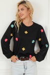 Black Floral Embroidered Puff Sleeve Top-Tops-MomFashion