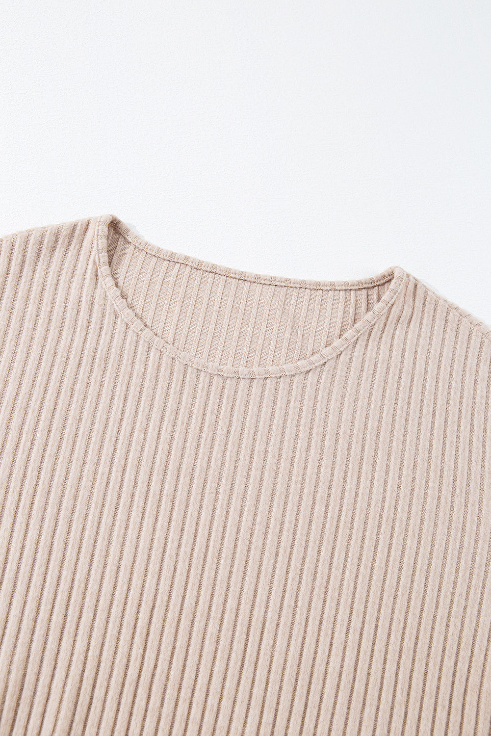 Beige Lettuce Cuffs Drop Shoulder Loose Ribbed Knit Top-Tops-MomFashion
