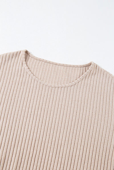 Beige Lettuce Cuffs Drop Shoulder Loose Ribbed Knit Top-Tops-MomFashion