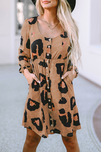 Leopard Print Button Front Bubble Sleeve Loose Knit Dress-Dresses-MomFashion