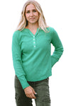 Green Trimmed Neckline Waffle Knit Henley Top-Tops-MomFashion