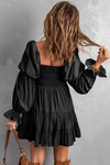 Black Boho Solid Shirred Ruffle Mini Dress-Dresses-MomFashion