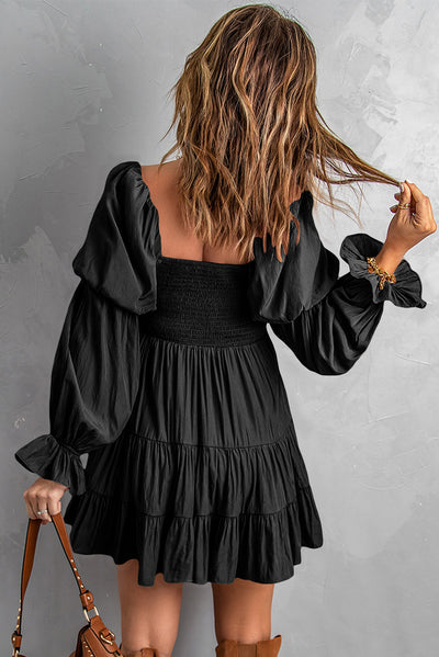 Black Boho Solid Shirred Ruffle Mini Dress-Dresses-MomFashion