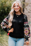 Black Printed Balloon Sleeve Crew Neck Blouse-Tops-MomFashion