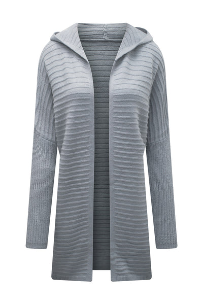 Gray Horizontal Rib Knitted Open Front Hooded Cardigan-Tops-MomFashion