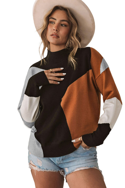 Orange Color Block Mock Neck Drop Shoulder Knit Sweater-Tops-MomFashion