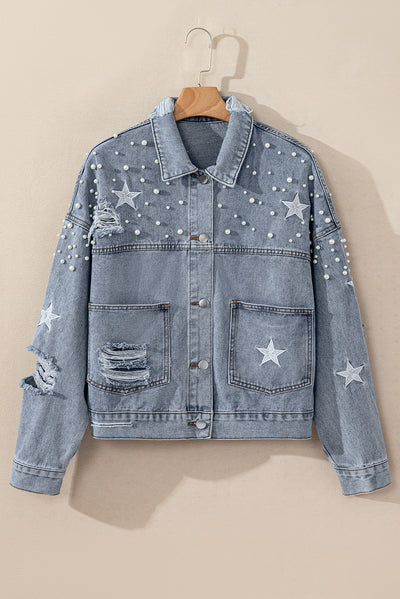 Sky Blue Distressed Pearls Star Cropped Denim Jacket-Outerwear-MomFashion