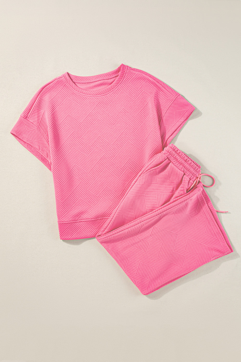 Strawberry Pink Textured Loose Fit T Shirt and Drawstring Pants Set-Two Piece Sets/Pant Sets-MomFashion