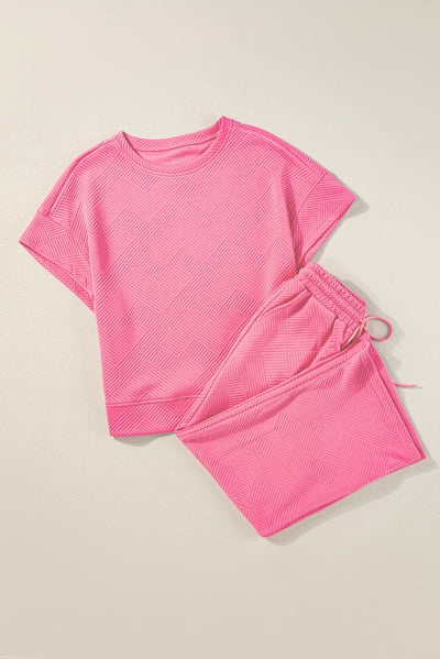 Strawberry Pink Textured Loose Fit T Shirt and Drawstring Pants Set-Two Piece Sets/Pant Sets-MomFashion