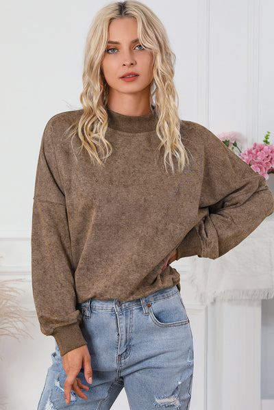 Brown Drop Shoulder Crew Neck Pullover Sweatshirt-Tops-MomFashion