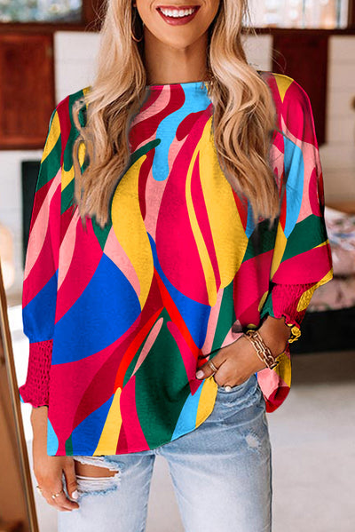 Multicolor Abstract Print Smocked Puff Sleeve Blouse-Tops-MomFashion