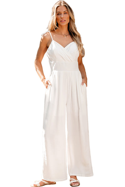 Beige Spaghetti Straps Pleated High Waist Wide Leg Jumpsuit-Bottoms-MomFashion