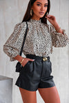 Khaki Frilled Neck 3/4 Sleeves Cheetah Blouse-Tops-MomFashion