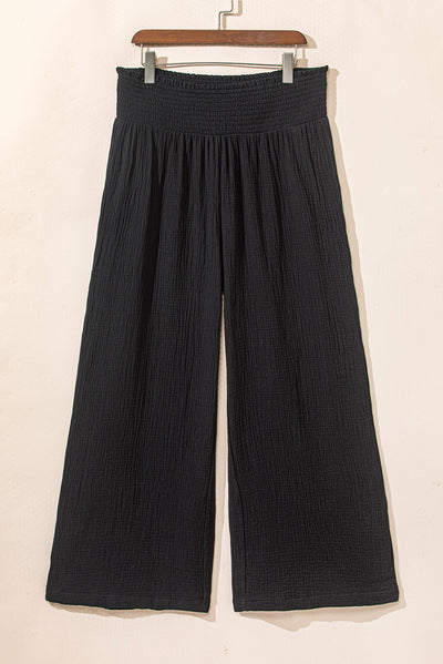 Black Textured High Waist Wide Leg Plus Size Pants-Plus Size-MomFashion