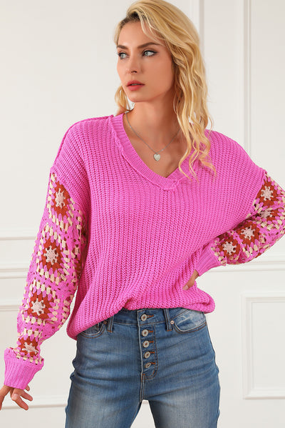 Rose Floral Crochet Cable Knit V Neck Sweater-Tops-MomFashion