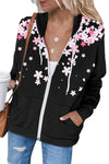 Black Cherry Blossoms Print Pocketed Zipped Hooded Coat-Outerwear-MomFashion