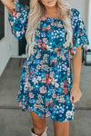 Blue Square Neck Ruffle Floral Dress-Dresses-MomFashion