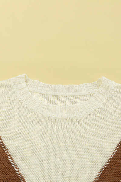 Beige Chevron Striped Drop Shoulder Sweater-Tops-MomFashion