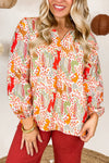 Orange Printed Split V Neck Puff Sleeve Blouse-Tops-MomFashion