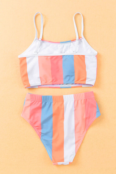 Orange Vertical Striped High Waist Bikini Swimsuit-Swimwear-MomFashion