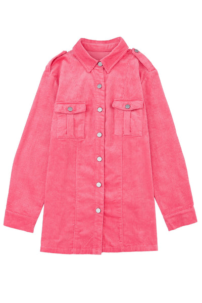 Pink Buttoned Flap Pocket Corduroy Jacket-Outerwear-MomFashion