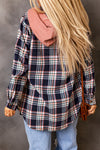 Pink Contrast Hooded Drawstring Plaid Shacket-Outerwear-MomFashion