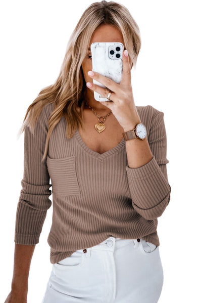 Khaki Ribbed Knit Patched Chest Pocket V Neck Top-Tops-MomFashion