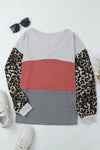 Fiery Red Wild Leopard Contrast Sleeve Colorblock Waffle Knit Top-Tops-MomFashion