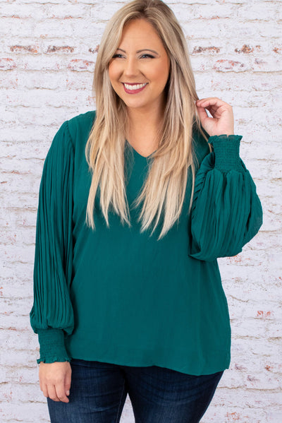 Green Pleated Bubble Sleeve Plus Size Blouse-Plus Size-MomFashion