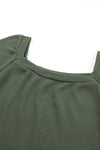 Green Scoop Neck Puff Sleeve Waffle Knit Top-Tops-MomFashion