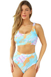 Sky Blue Abstract Waves Print High Waist Bikini Swimsuit-Swimwear-MomFashion