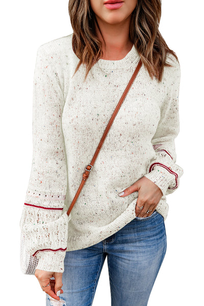 White Pilling Detail Patterned Sleeve Sweater-Tops-MomFashion