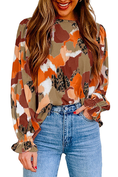 Abstract Printed Long Sleeve Blouse-Tops-MomFashion