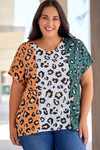 Yellow Plus Size Leopard Print Contrast T-Shirt-Plus Size-MomFashion