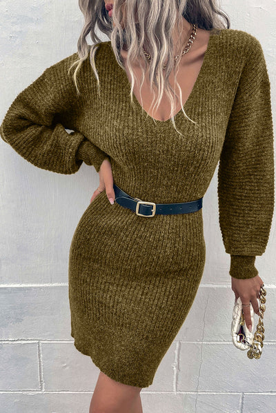 Green V Neck Bodycon Sweater Dress-Dresses-MomFashion