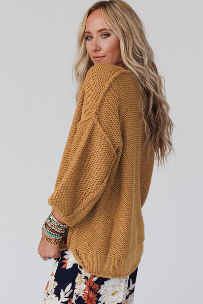 Brown Slouchy Textured Knit Loose Sweater-Tops-MomFashion