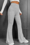 Gray Solid Color High Waist Ribbed Flare Pants-Bottoms-MomFashion