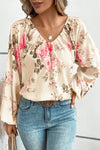 Beige Floral Print Lantern Sleeve V-Neck Blouse-Tops-MomFashion