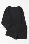 Black Textured Long Sleeve Top and Drawstring Shorts Set-Loungewear-MomFashion