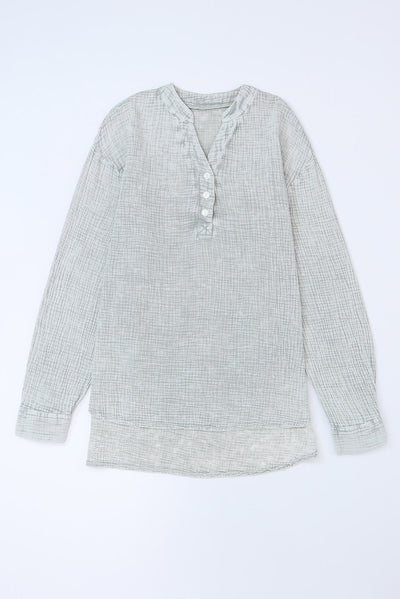 Gray Crinkle Textured Loose Henley Top-Tops-MomFashion