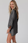 Dark Gray Ribbed Roll-tab Sleeve Chest Pocket Oversize Top-Tops-MomFashion